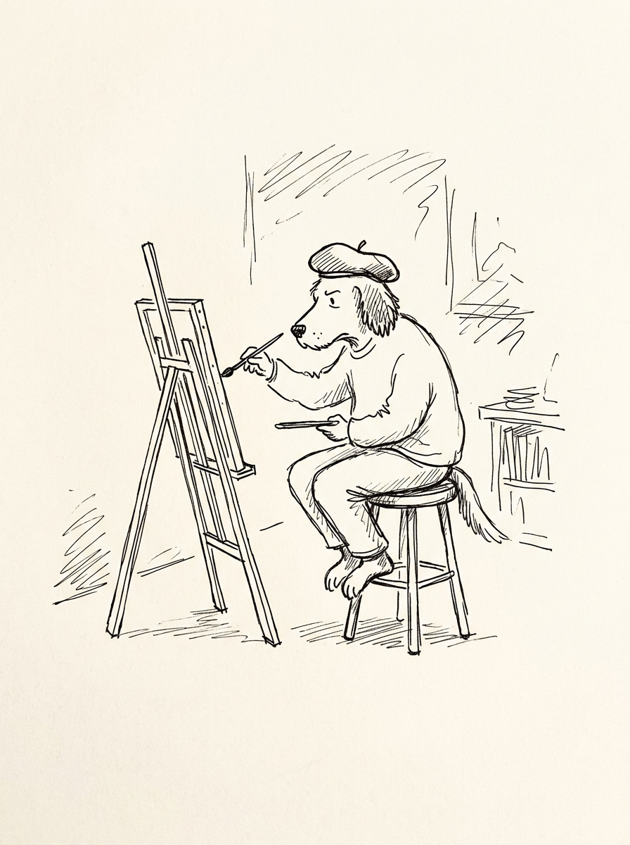 A friendly illustrated painter — placeholder while we take Dr. Gould's professional photo.